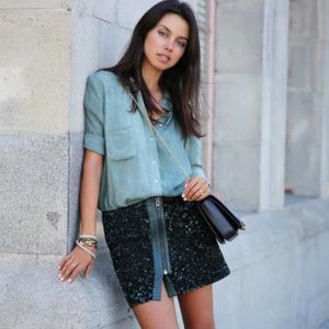 All Saints Women's Elise sequin split mini skirt Hand Embellished Black size 10